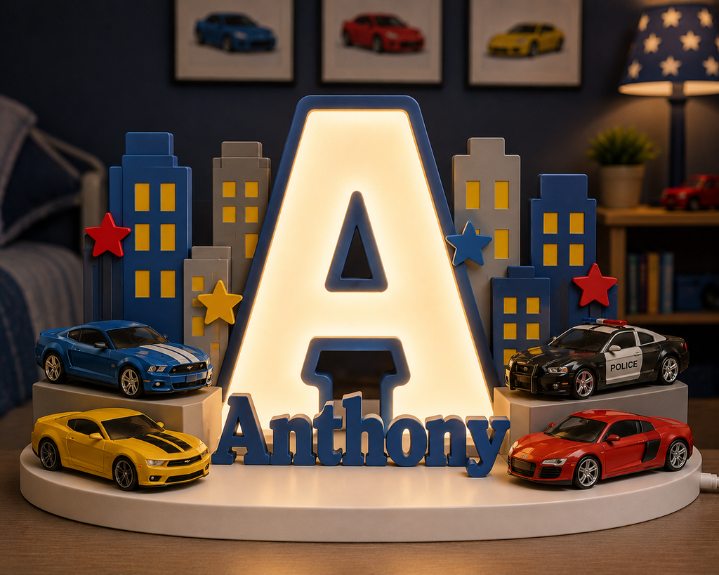 🚗 Personalized Adventure Wheels Name Lamp
